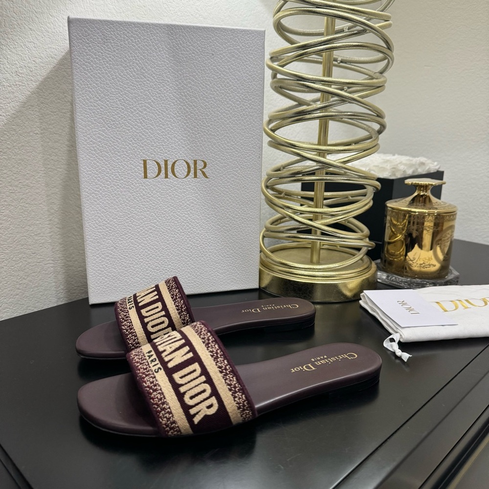 Dior Brown & Beige Embroidered Logo Slide Sandals